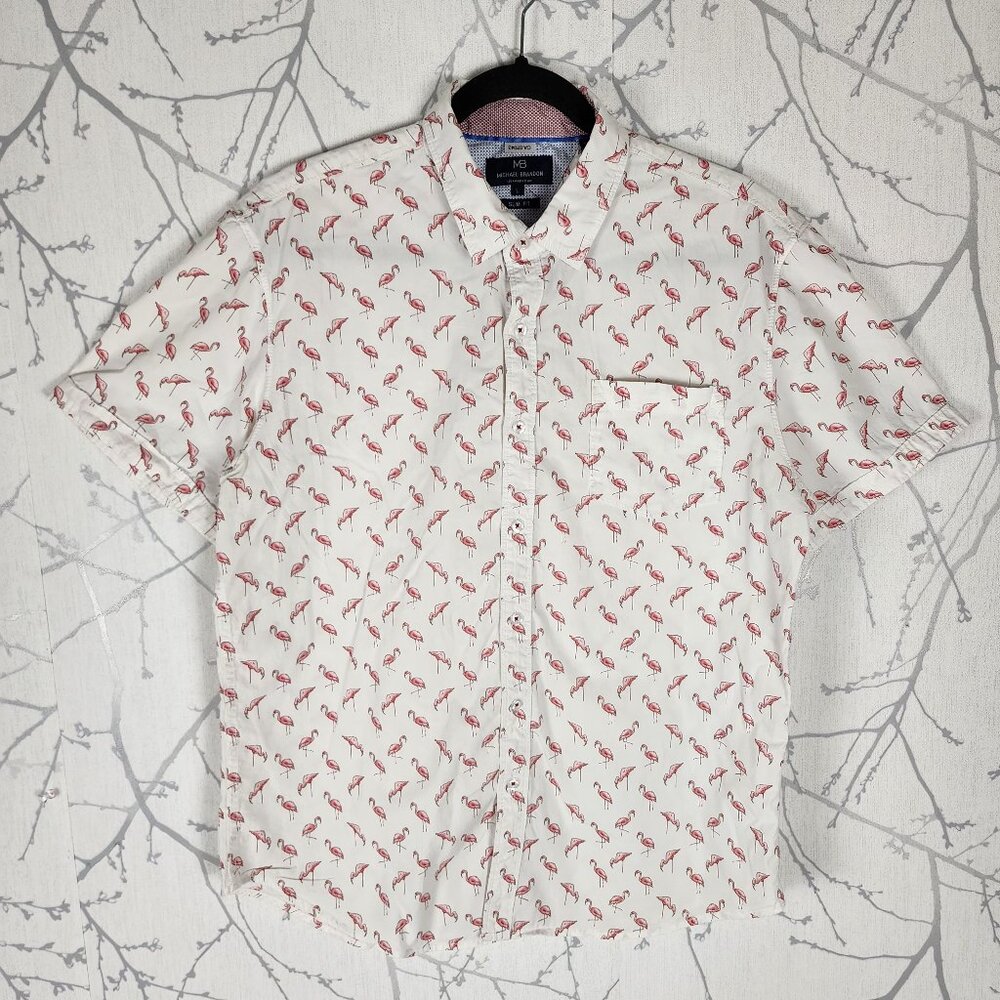 Michael Brandon Flamingo Print Cotton Slim Fit Short Sleeve Shirt